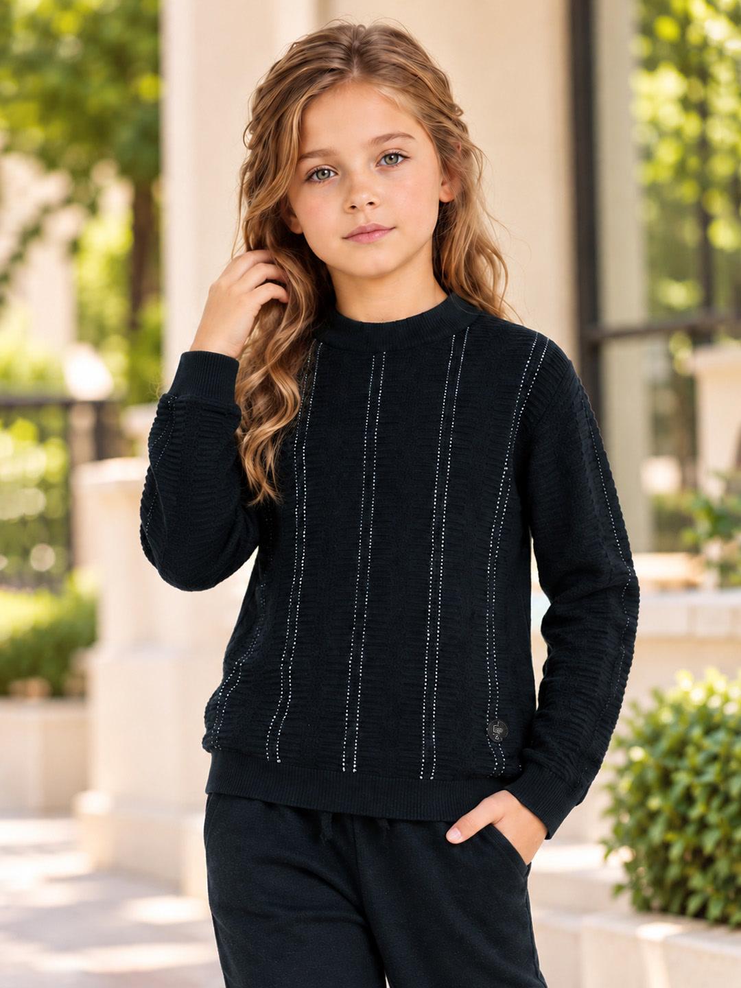 Elle Girls Black Striped Regular Fit Sweater