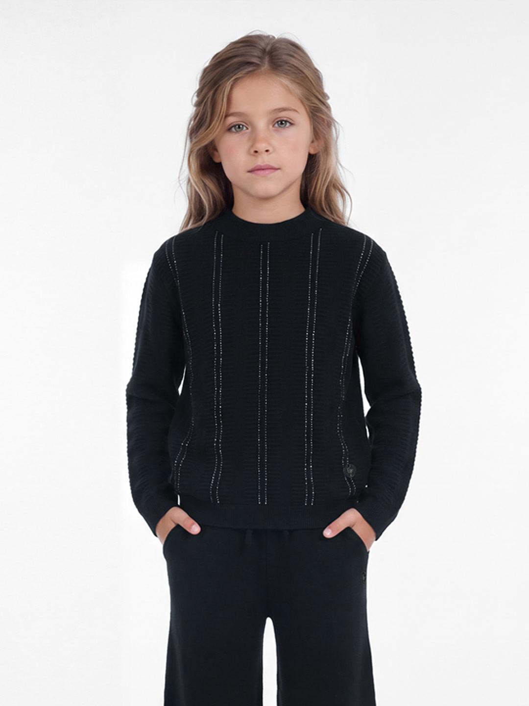 Elle Girls Black Striped Regular Fit Sweater