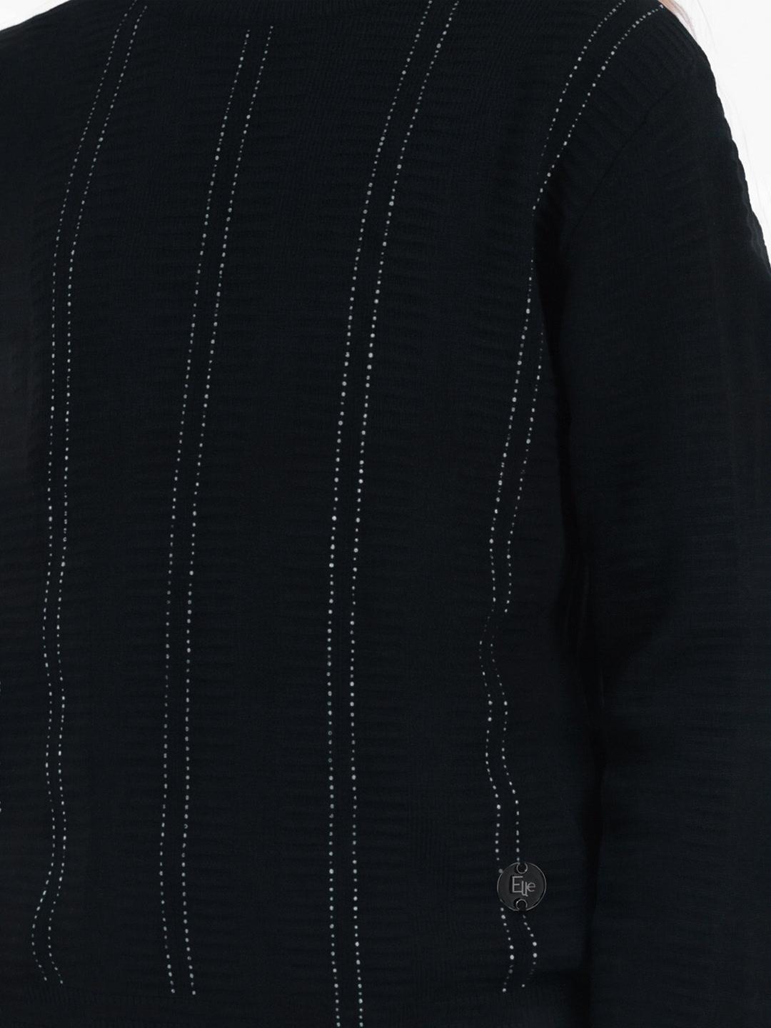 Elle Girls Black Striped Regular Fit Sweater