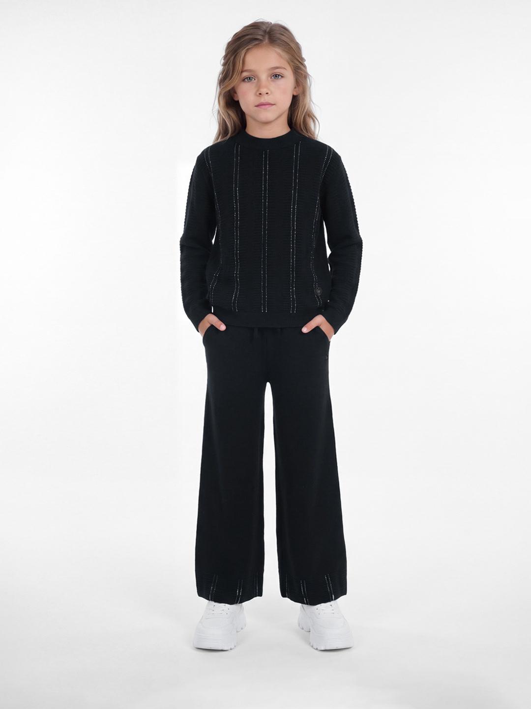 Elle Girls Black Striped Regular Fit Sweater