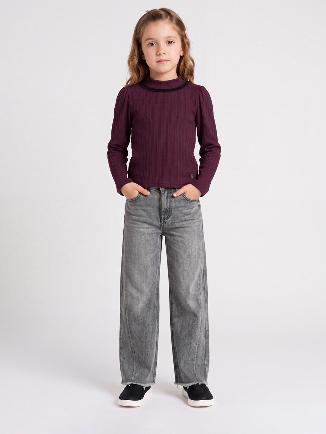Elle Girls Wine Striped Regular Fit T-Shirt