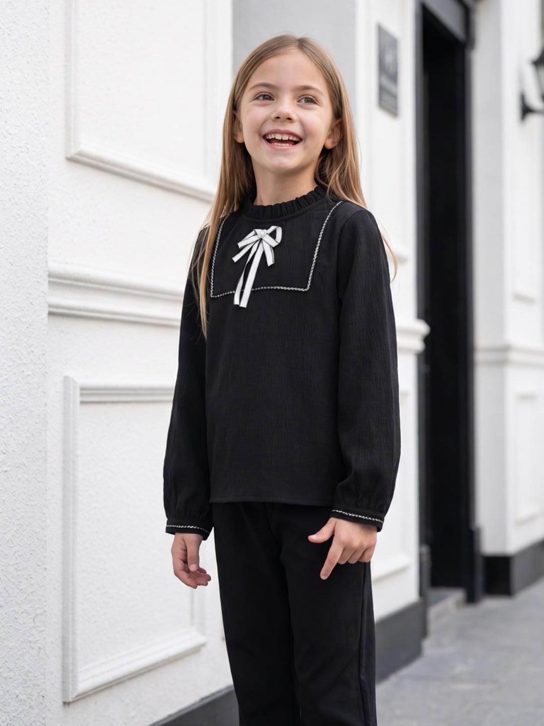Elle Girls Black Solid Regular Fit Cotton Peplum Top