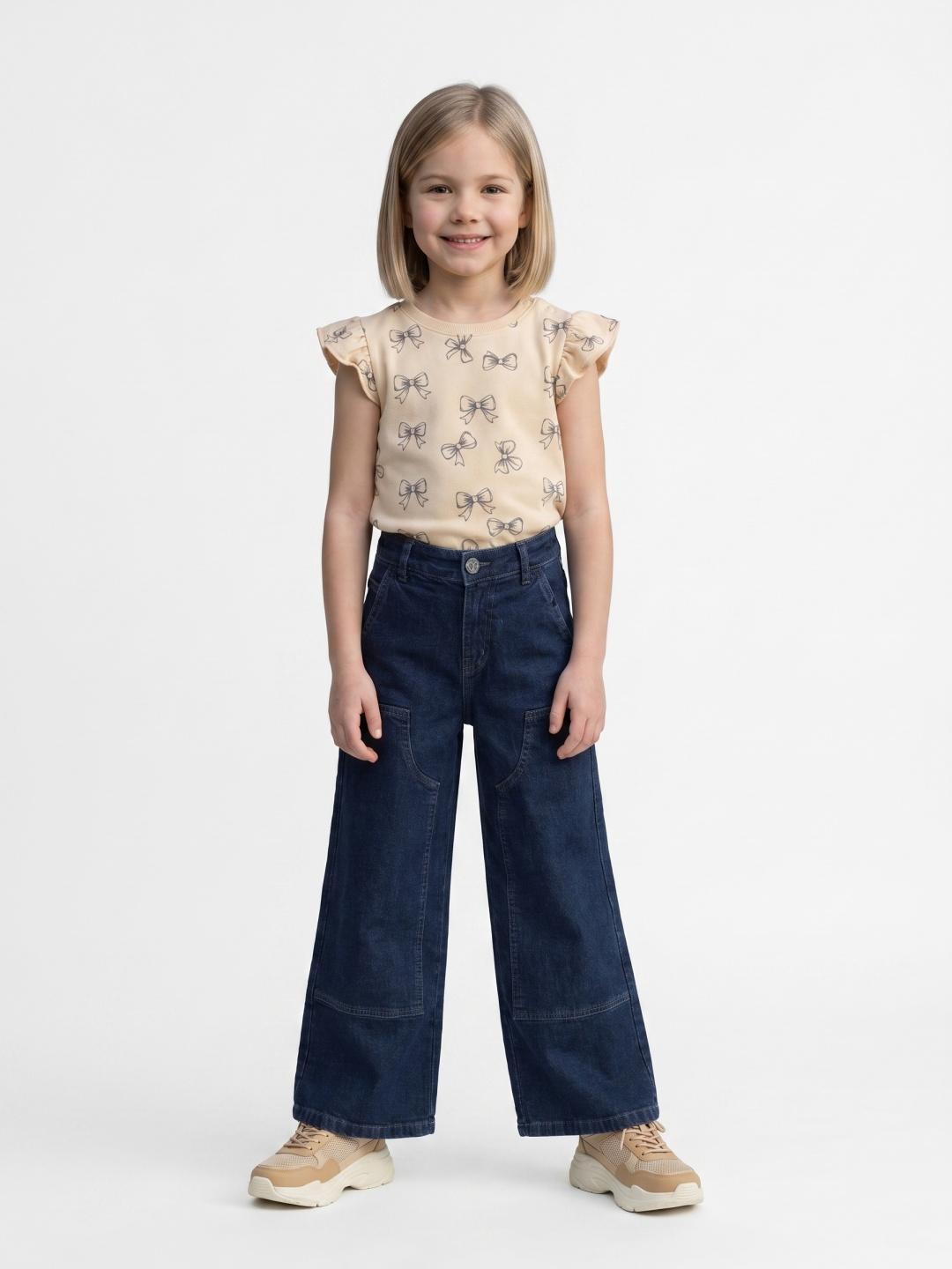 Elle Girls Blue Wide Leg Stretchable Solid Jeans
