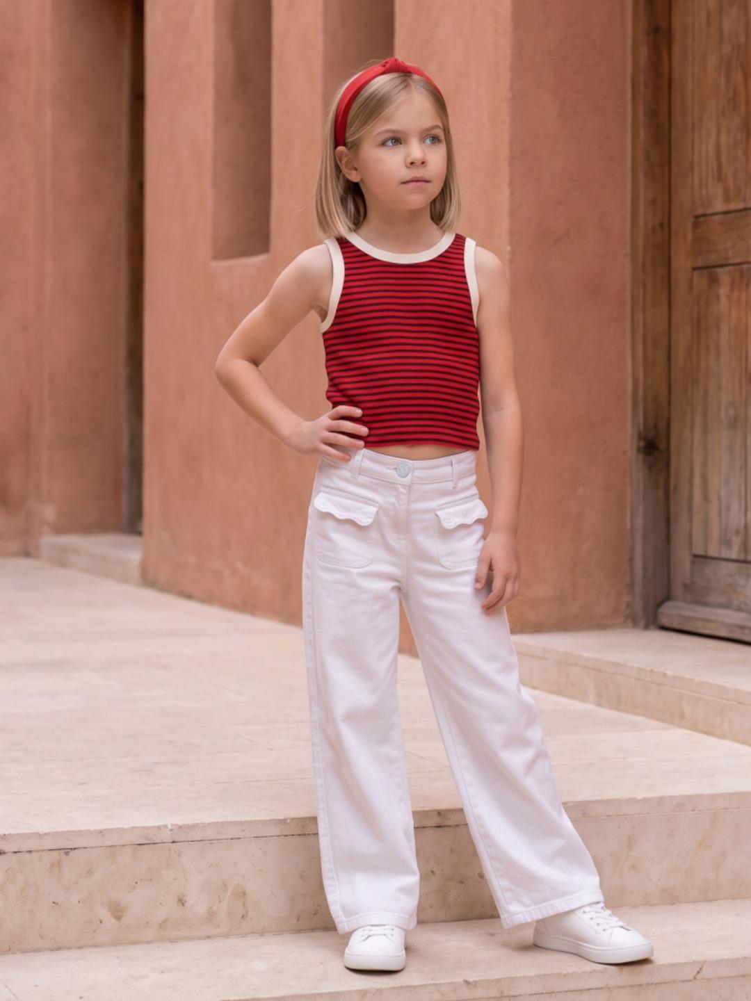 Elle Girls White Wide Leg Stretchable Solid Jeans