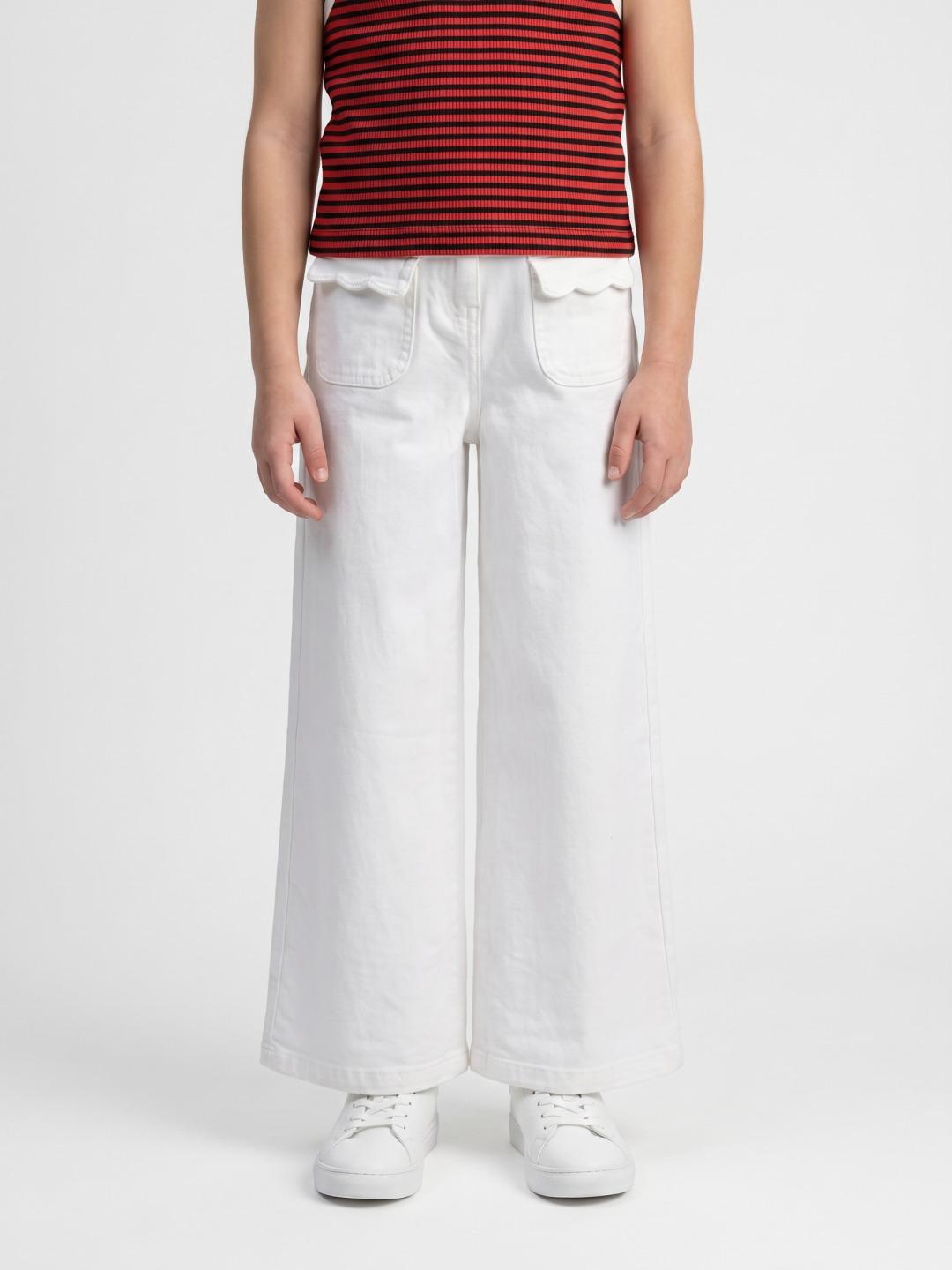 Elle Girls White Wide Leg Stretchable Solid Jeans