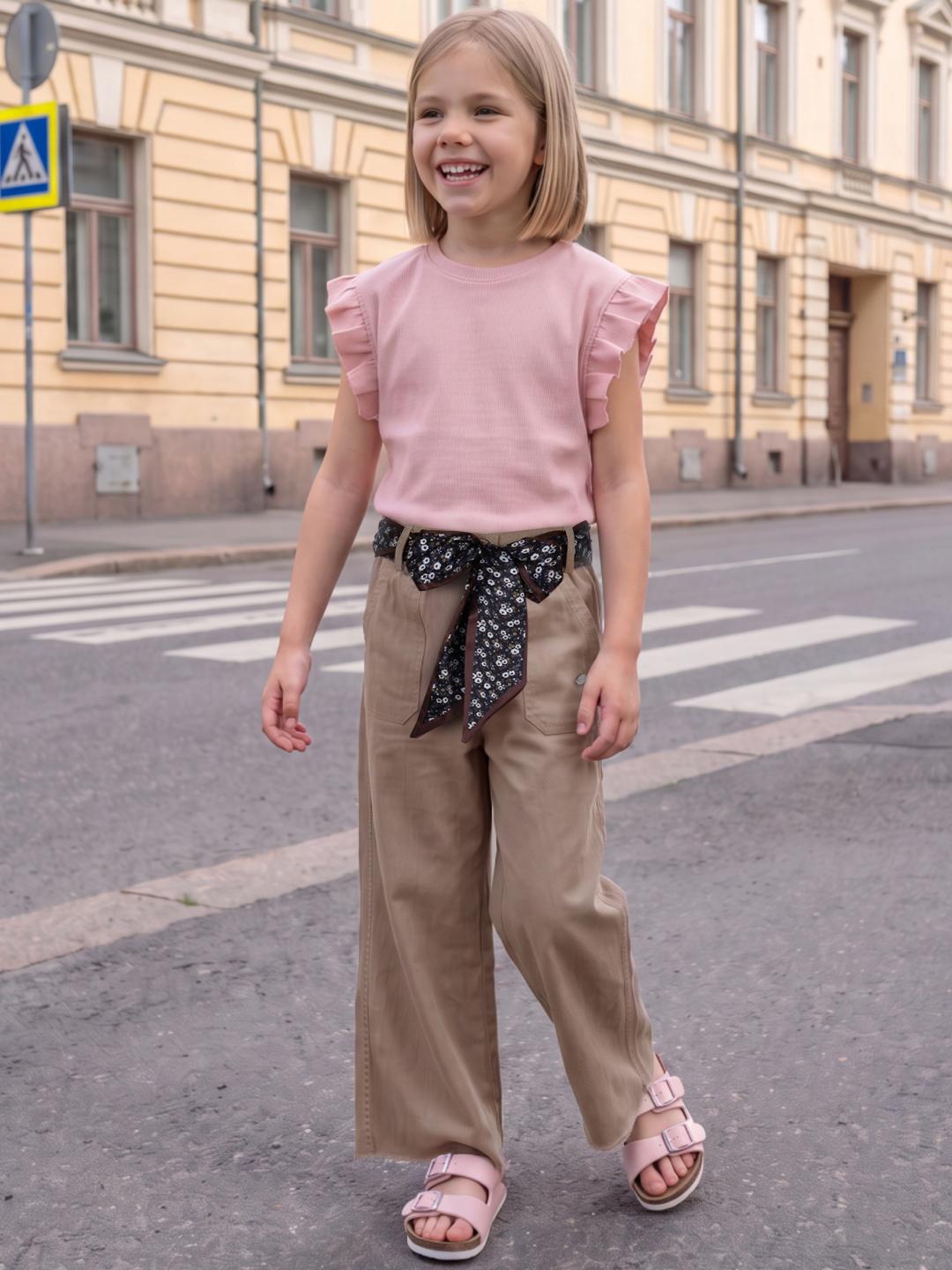 Elle Girls Beige Wide Leg Solid Jeans