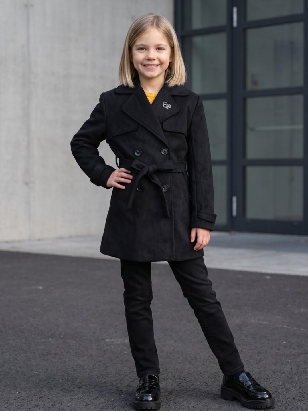Elle Girls Black Regular Fit Solid Overcoat