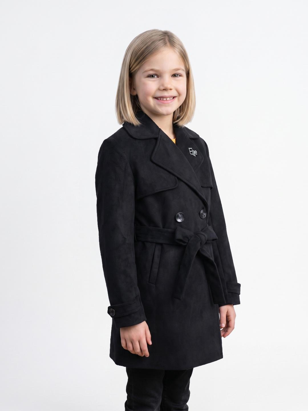 Elle Girls Black Regular Fit Solid Overcoat