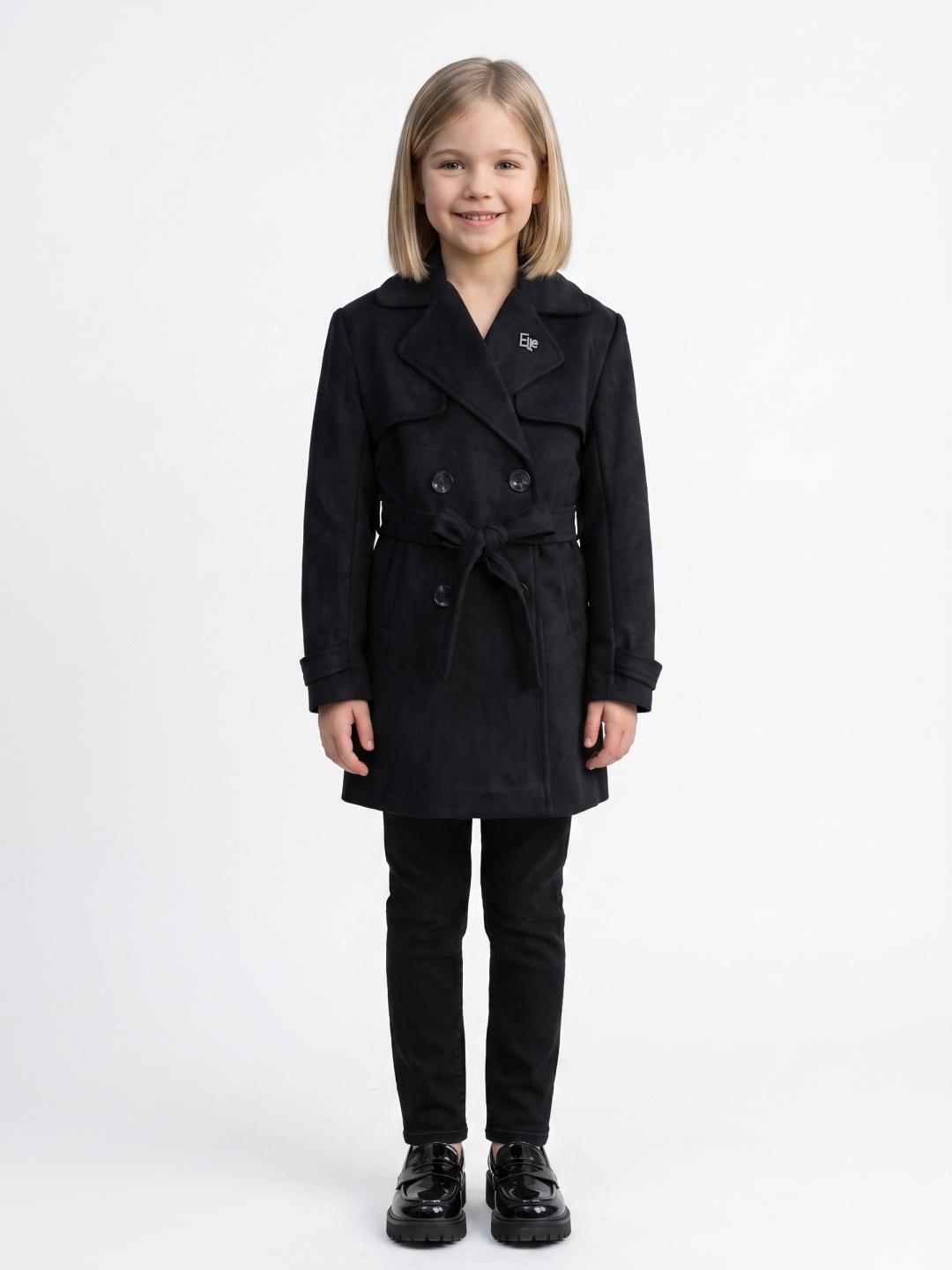 Elle Girls Black Regular Fit Solid Overcoat