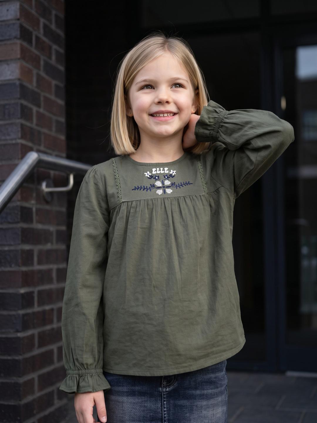 Elle Girls Olive Fit & Flared Solid Top