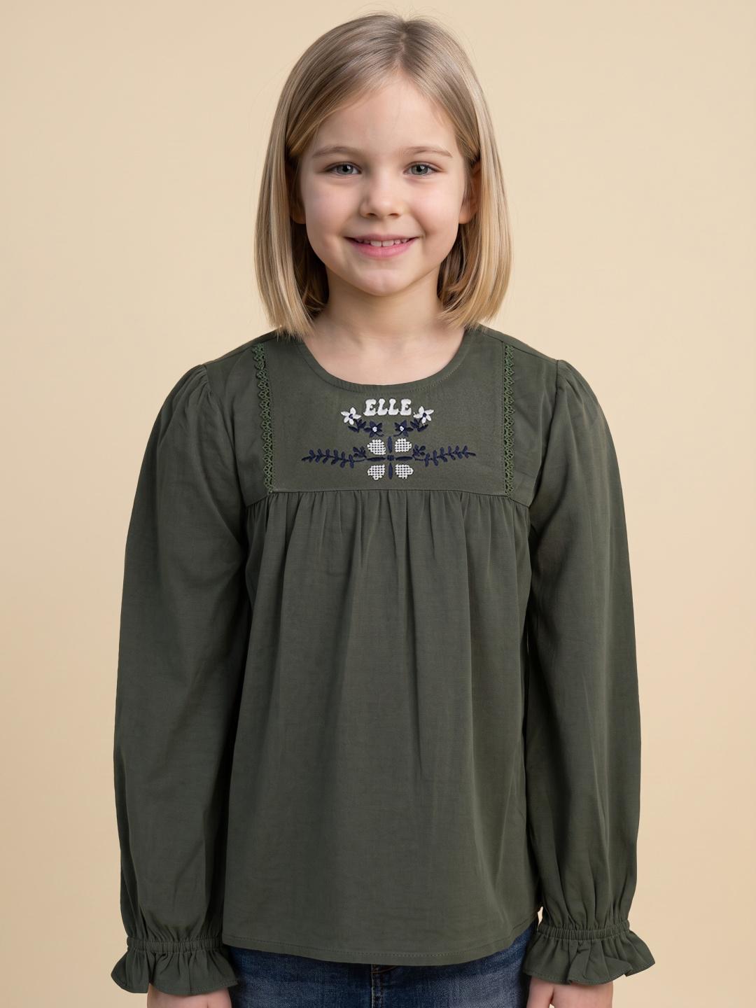 Elle Girls Olive Fit & Flared Solid Top