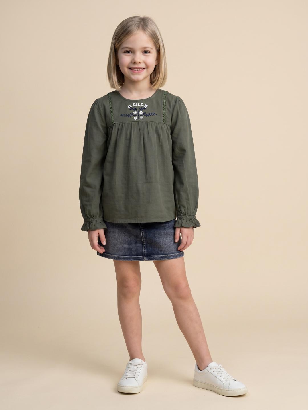 Elle Girls Olive Fit & Flared Solid Top