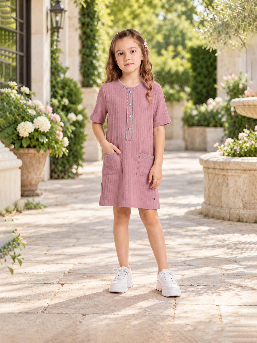 Elle Girls Pink Striped A-Line Fit Midi Dress