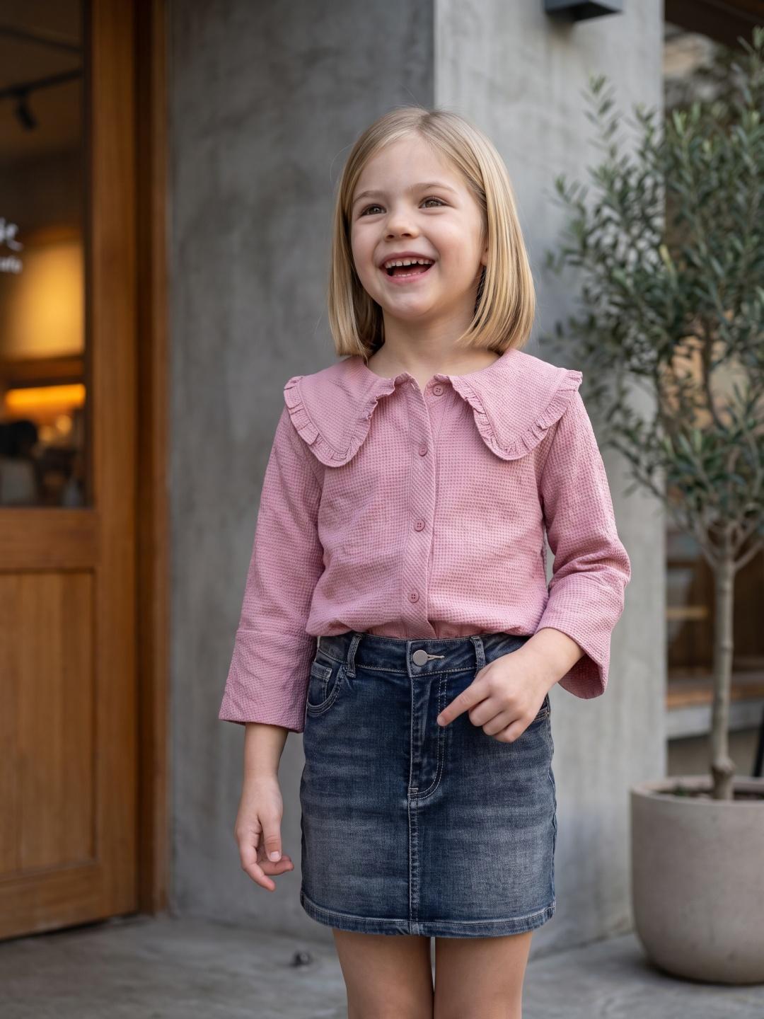 Elle Girls Pink Regular Fit Checked Peter Pan Collar Shirt