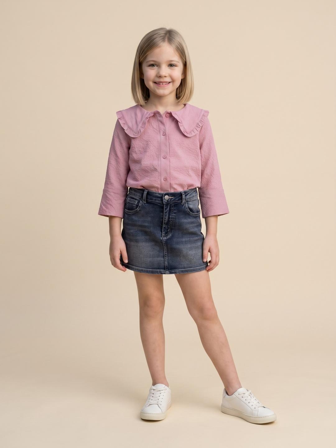 Elle Girls Pink Regular Fit Checked Peter Pan Collar Shirt