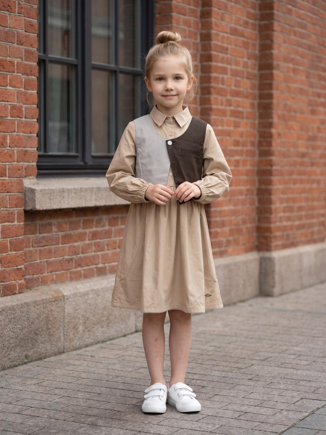 Elle Girls Beige Flared Fit Solid Dress