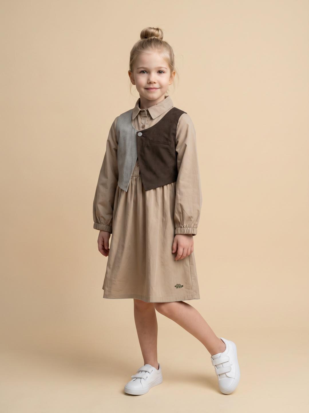 Elle Girls Beige Flared Fit Solid Dress