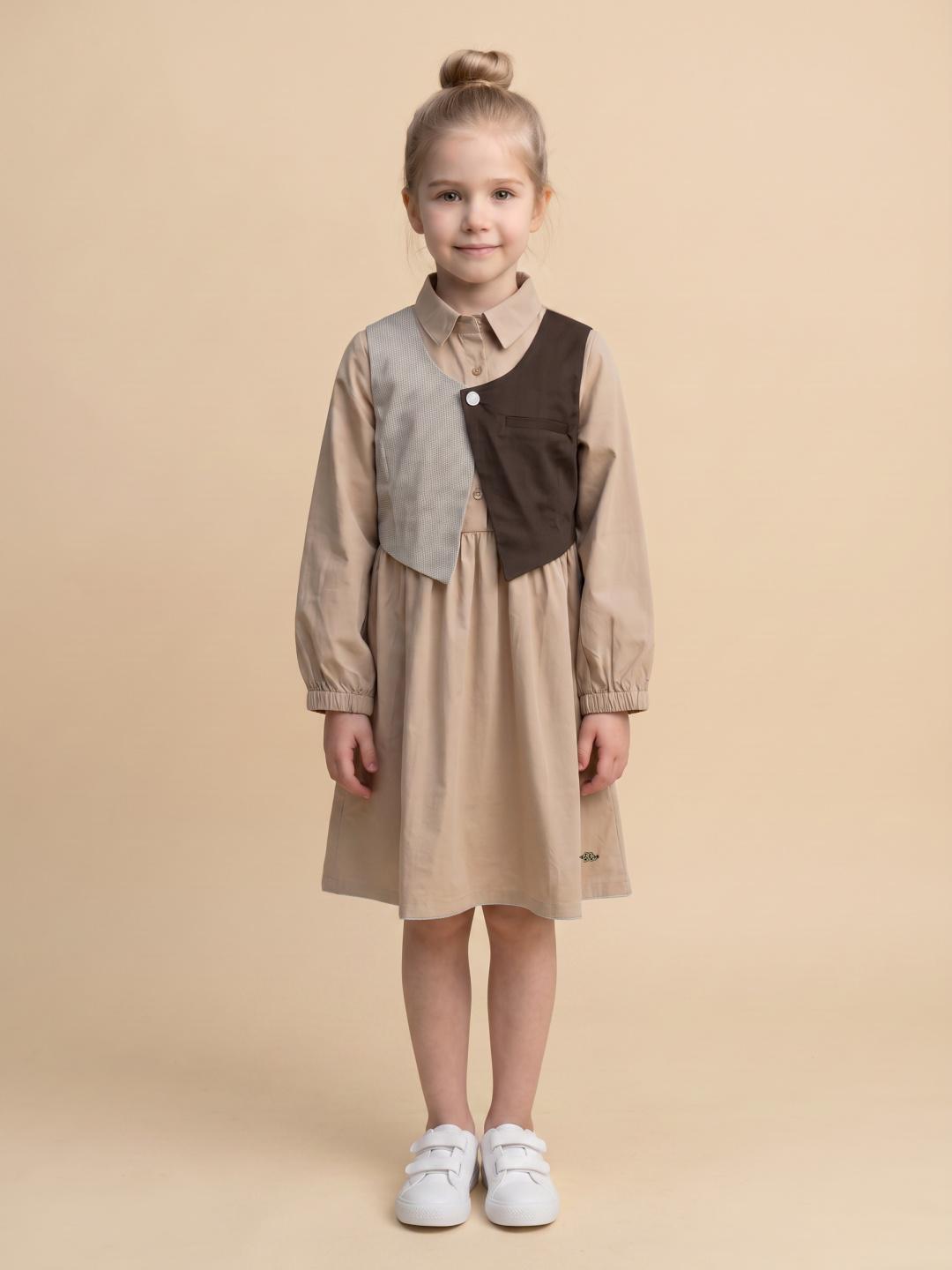 Elle Girls Beige Flared Fit Solid Dress