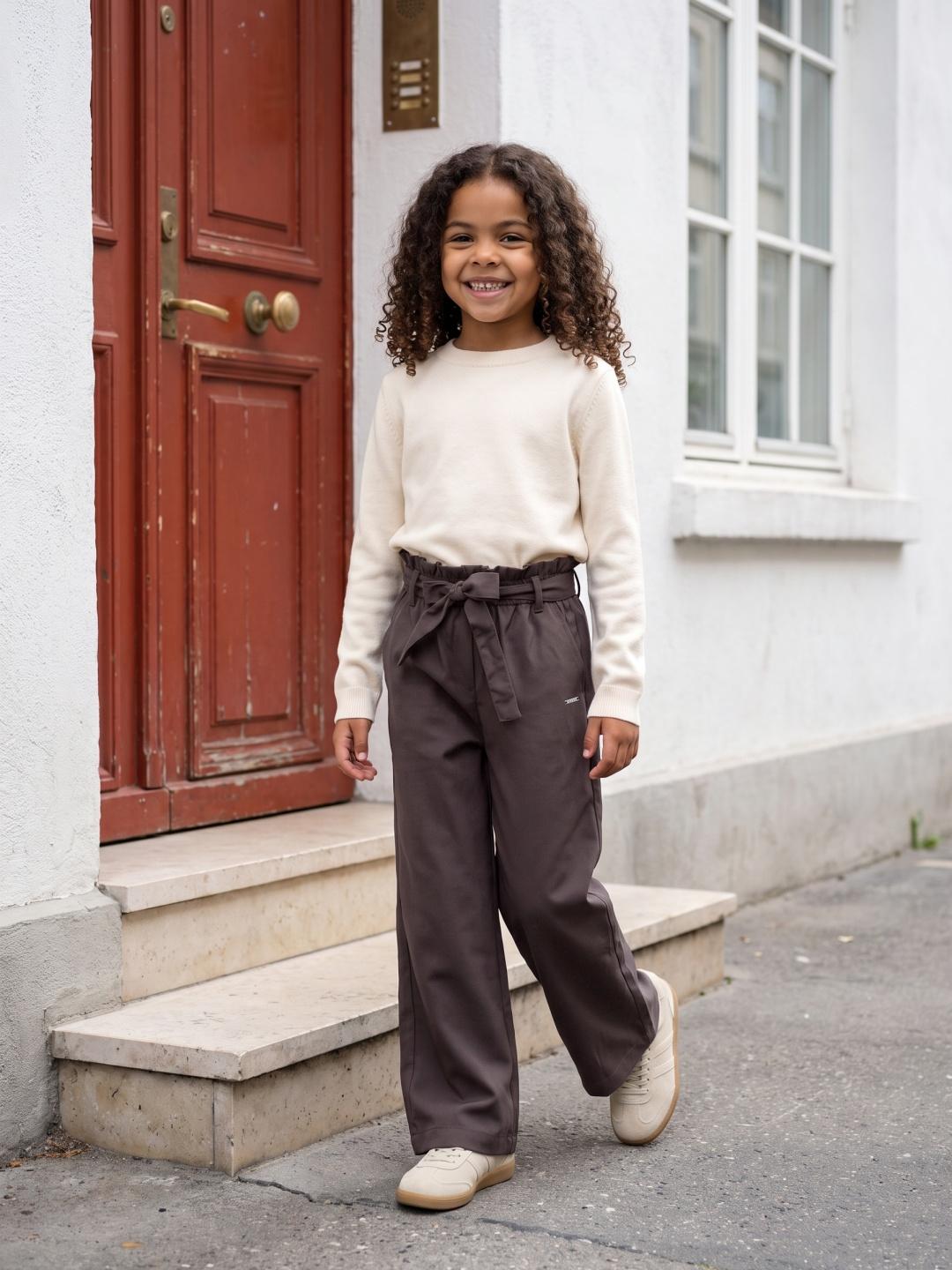 Elle Girls Brown Regular Fit Solid Trouser