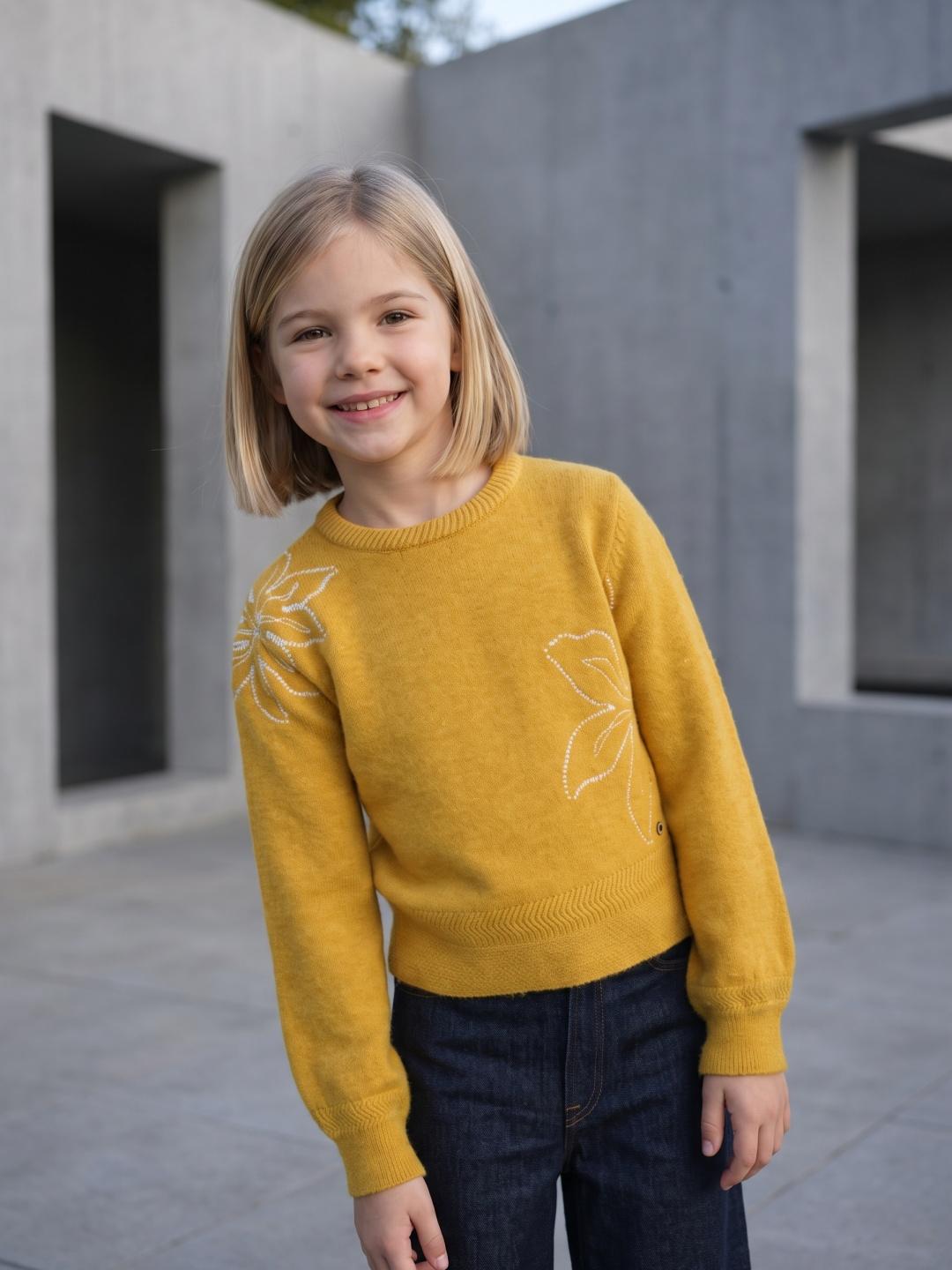 Elle Girls Yellow Regular Fit Embroidered Sweater