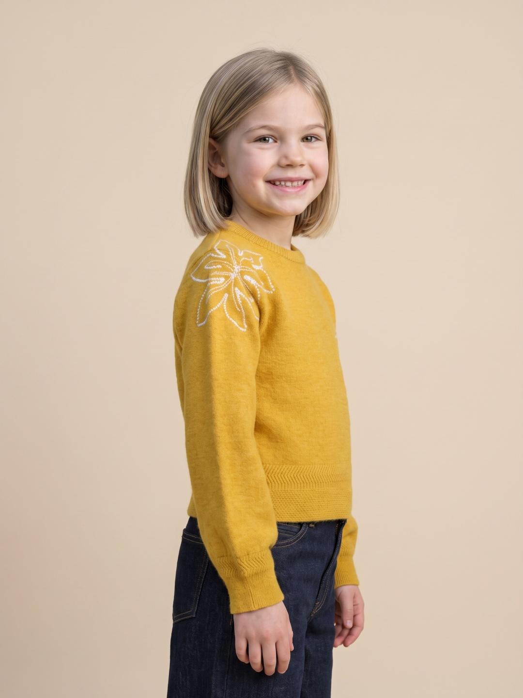 Elle Girls Yellow Regular Fit Embroidered Sweater