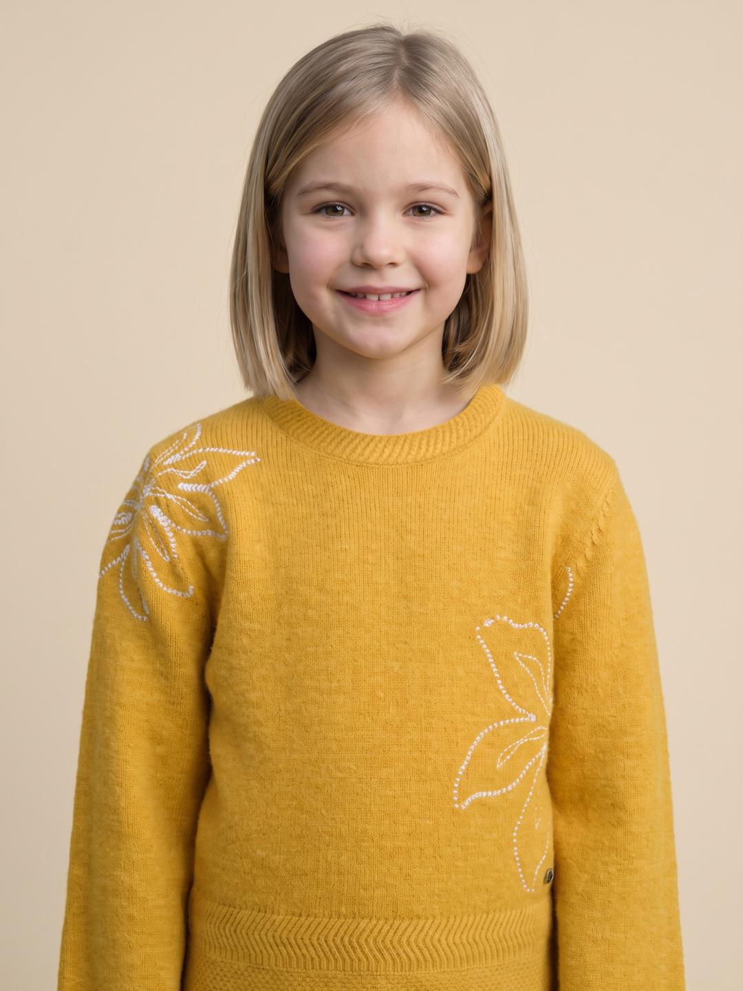Elle Girls Yellow Regular Fit Embroidered Sweater