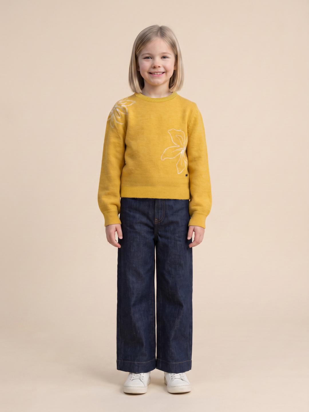 Elle Girls Yellow Regular Fit Embroidered Sweater