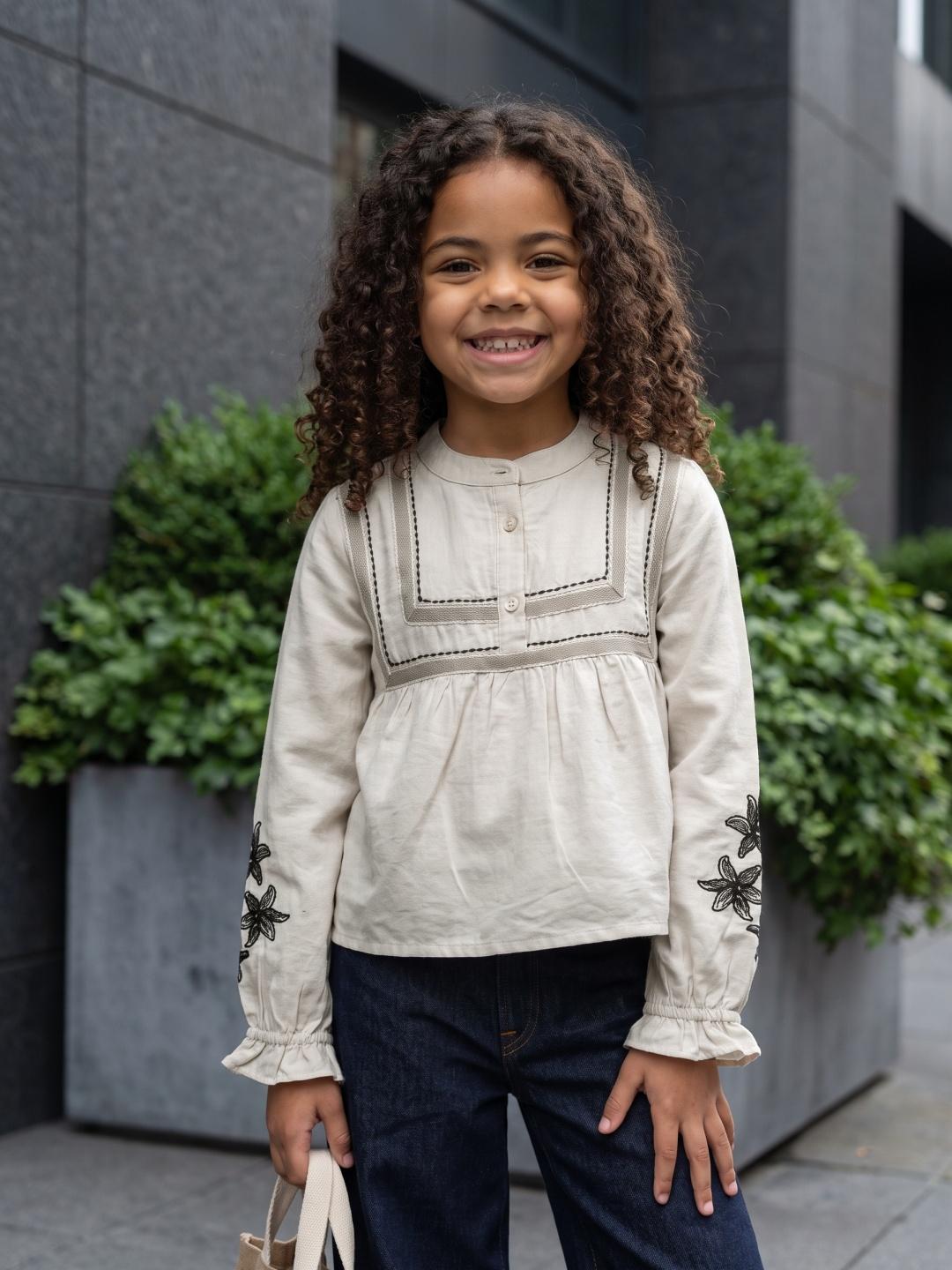 Elle Girls Beige Flare Fit Embroidered Top