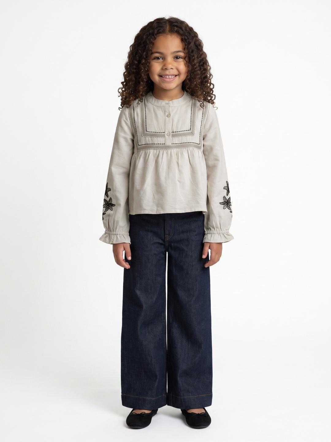 Elle Girls Beige Flare Fit Embroidered Top