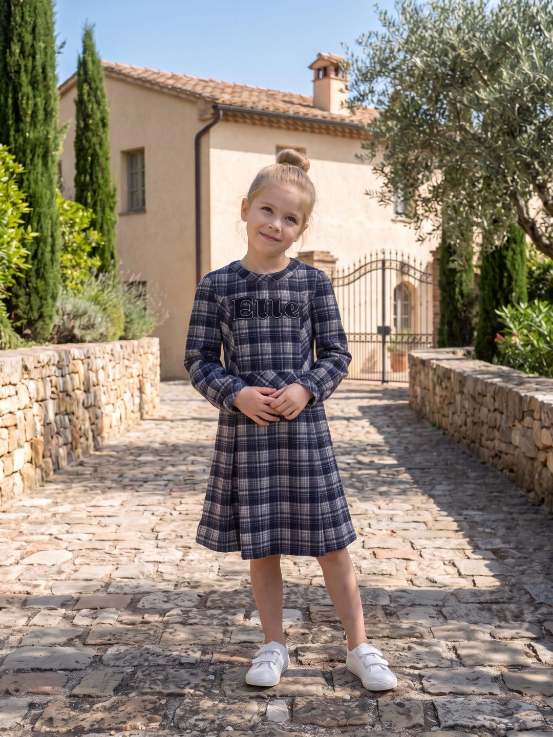 Elle Girls Dark Navy Fit & Flare Checked Dress