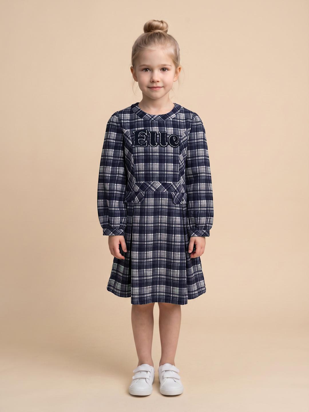 Elle Girls Dark Navy Fit & Flare Checked Dress