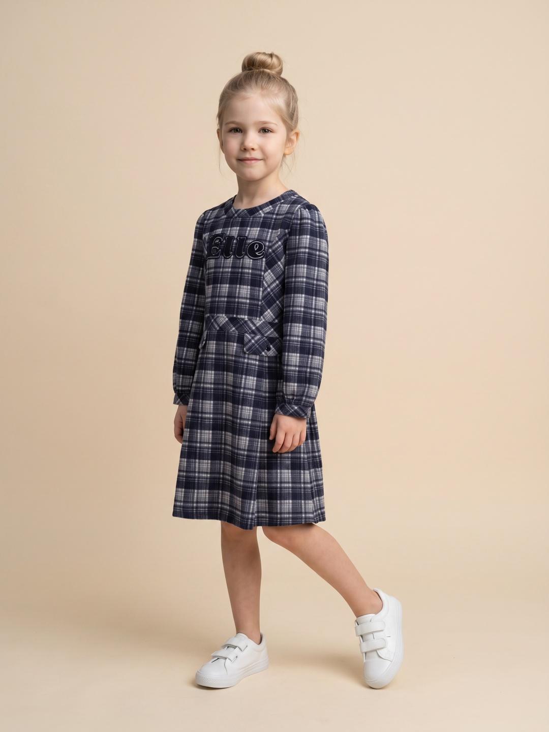 Elle Girls Dark Navy Fit & Flare Checked Dress