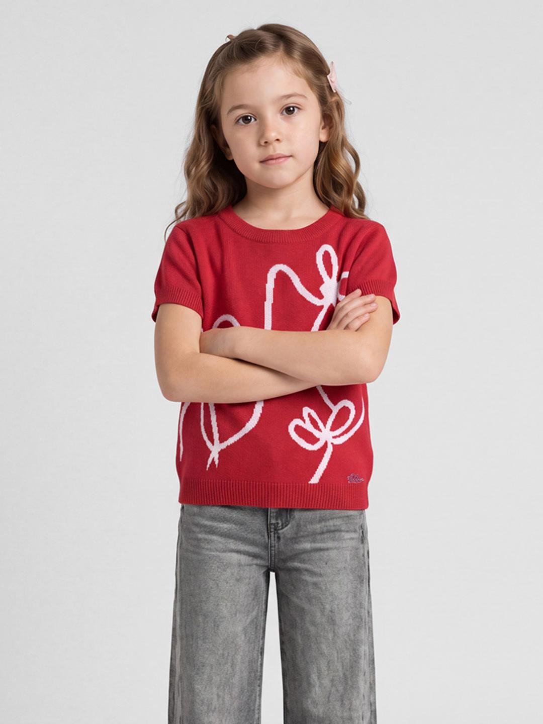 Elle Girls Red Jacquard Cotton Regular Fit Sweater