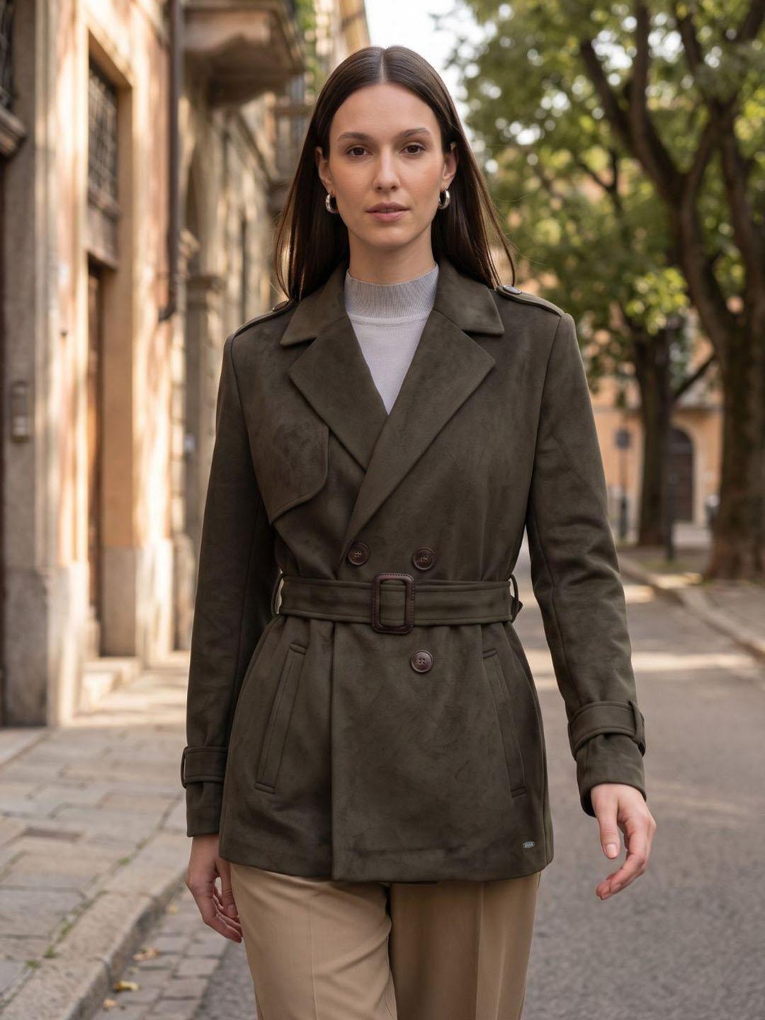 Elle Women Green Solid Regular Fit Overcoat
