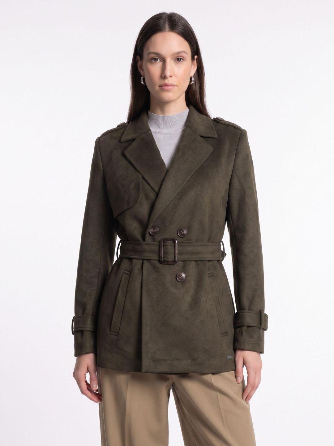 Elle Women Green Solid Regular Fit Overcoat