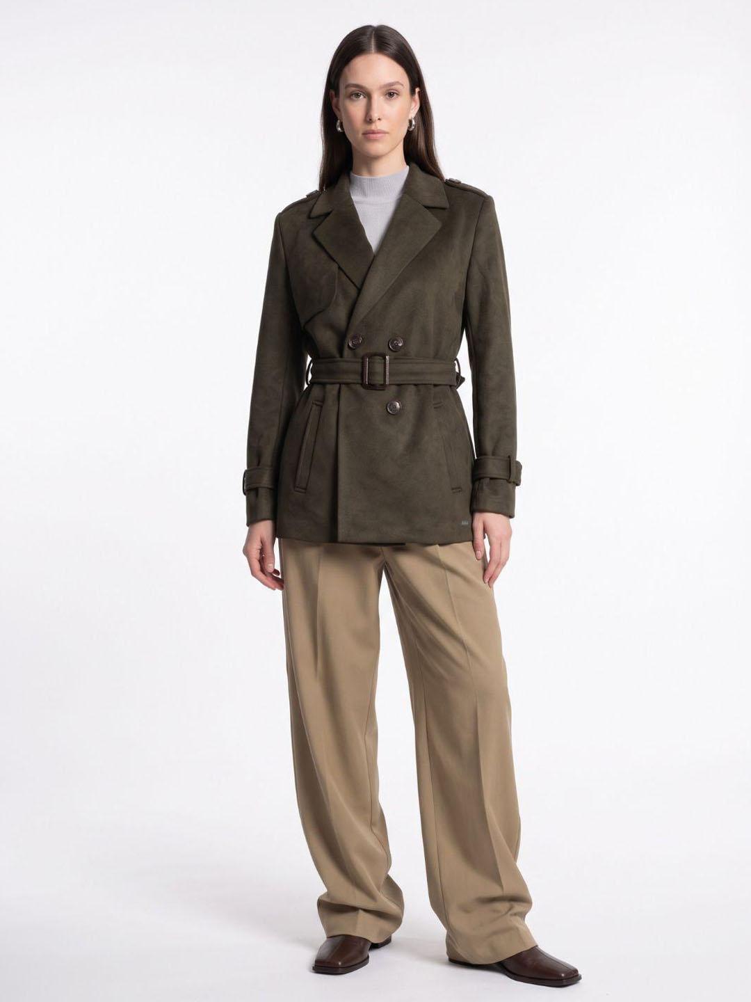 Elle Women Green Solid Regular Fit Overcoat