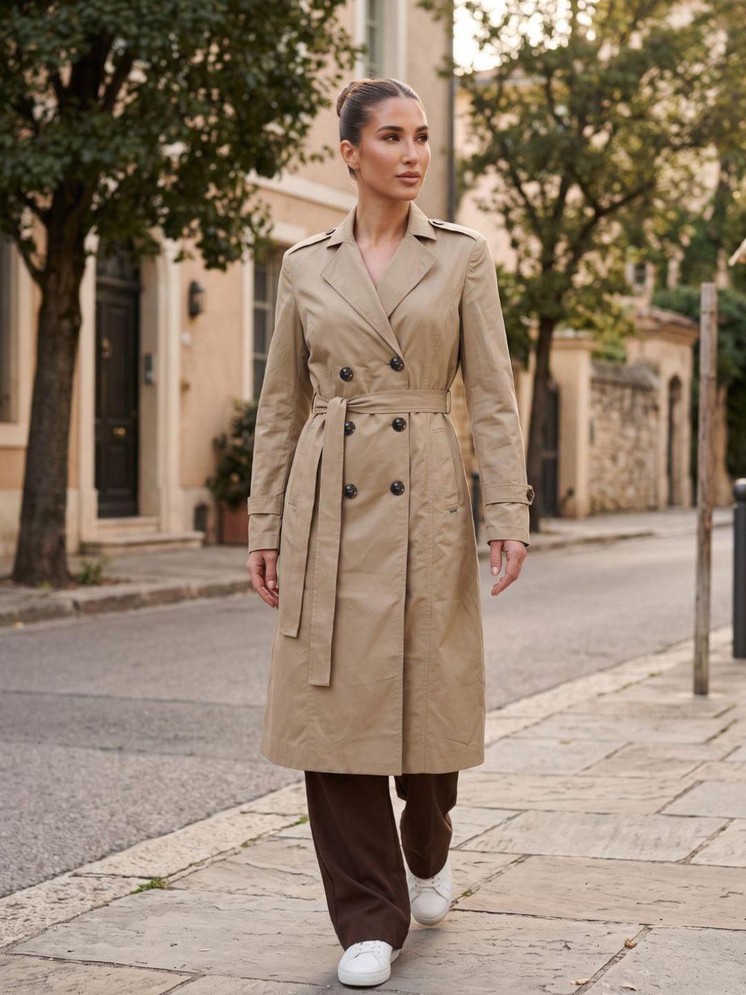 Elle Women Beige Solid Regular Fit Double Breasted Trench Coat