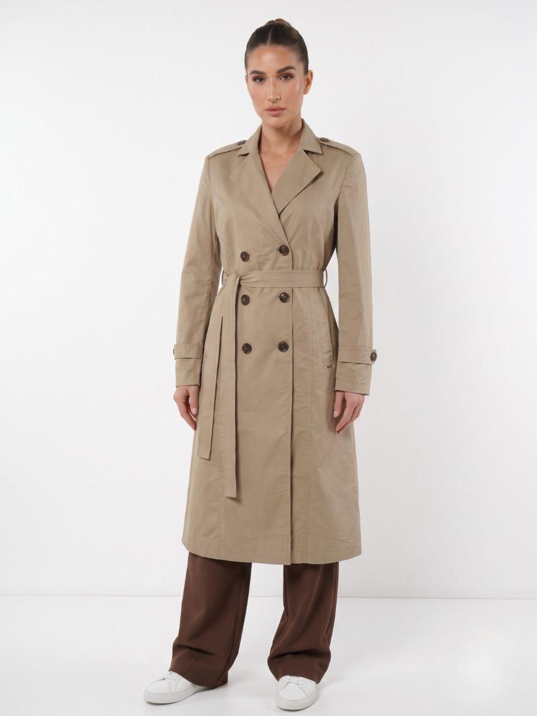 Elle Women Beige Solid Regular Fit Double Breasted Trench Coat
