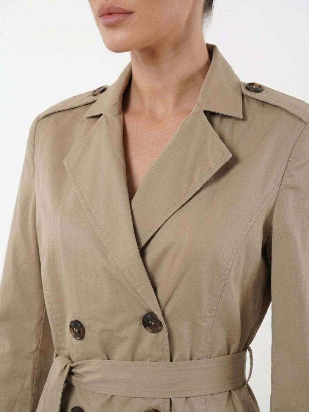 Elle Women Beige Solid Regular Fit Double Breasted Trench Coat