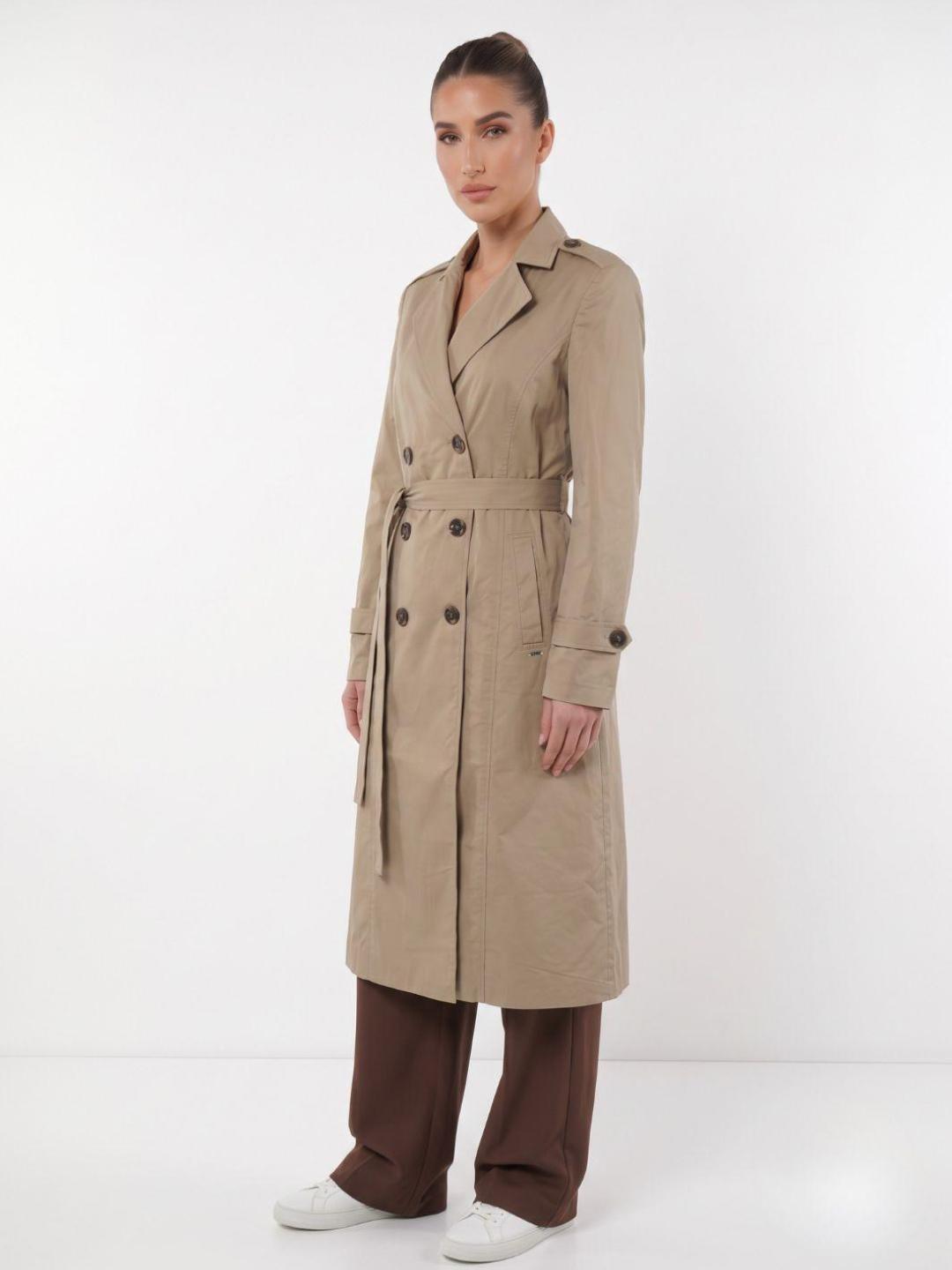 Elle Women Beige Solid Regular Fit Double Breasted Trench Coat