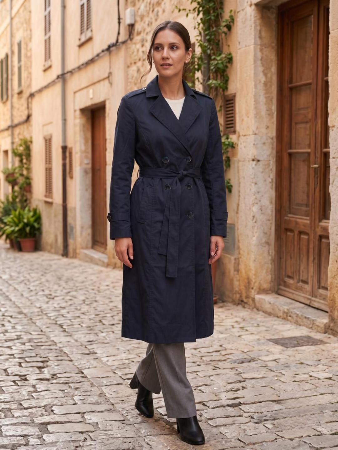 Elle Women Blue Solid Regular Fit Overcoat with Belt