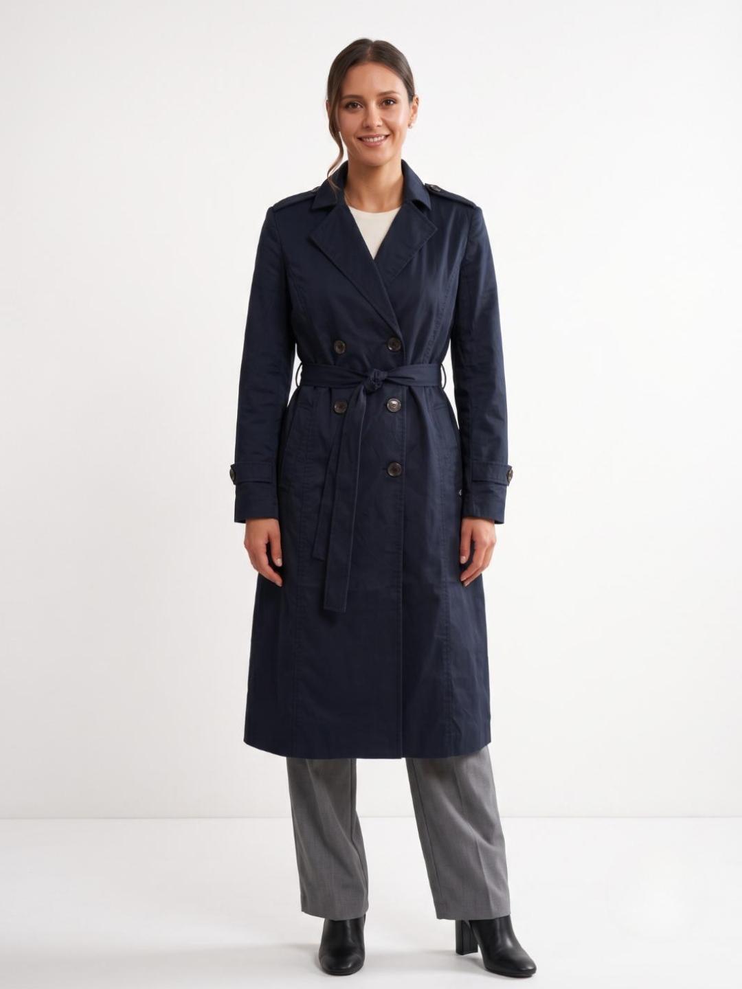 Elle Women Blue Solid Regular Fit Overcoat with Belt