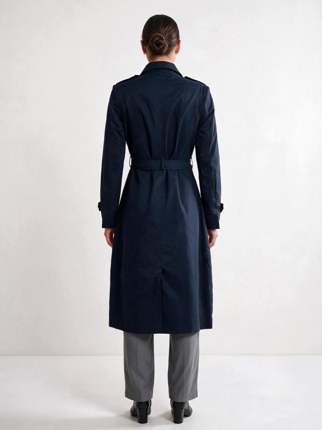 Elle Women Blue Solid Regular Fit Overcoat with Belt