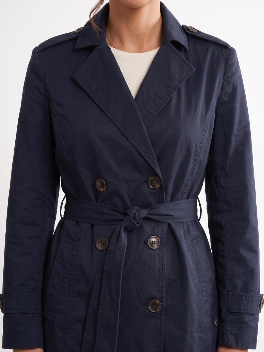 Elle Women Blue Solid Regular Fit Overcoat with Belt