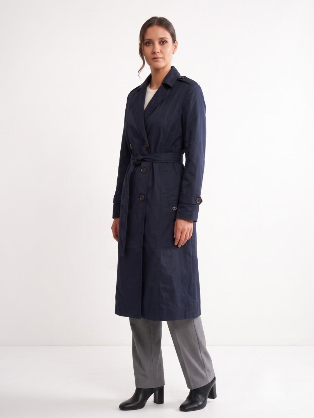 Elle Women Blue Solid Regular Fit Overcoat with Belt