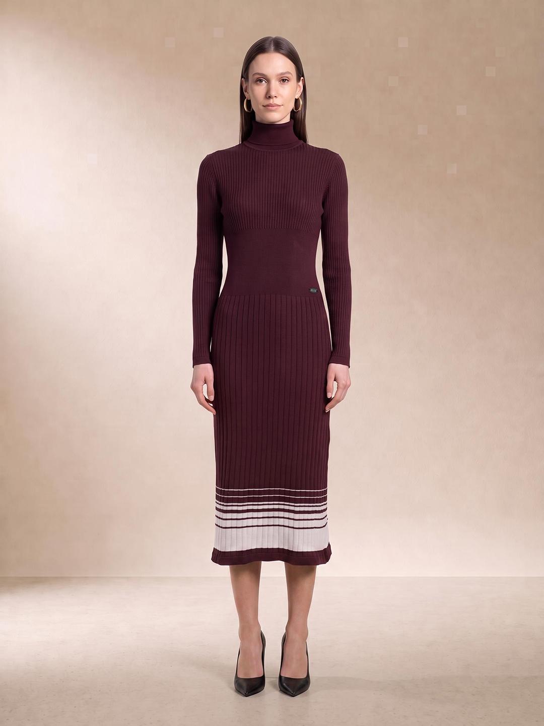 Elle Women Burgundy Striped Pure Cotton Dress