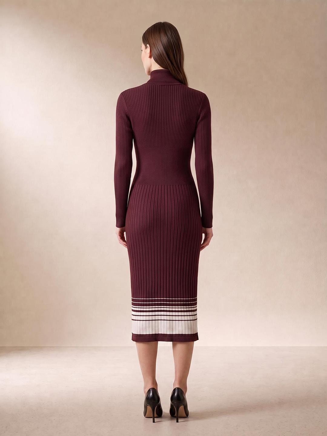 Elle Women Burgundy Striped Pure Cotton Dress