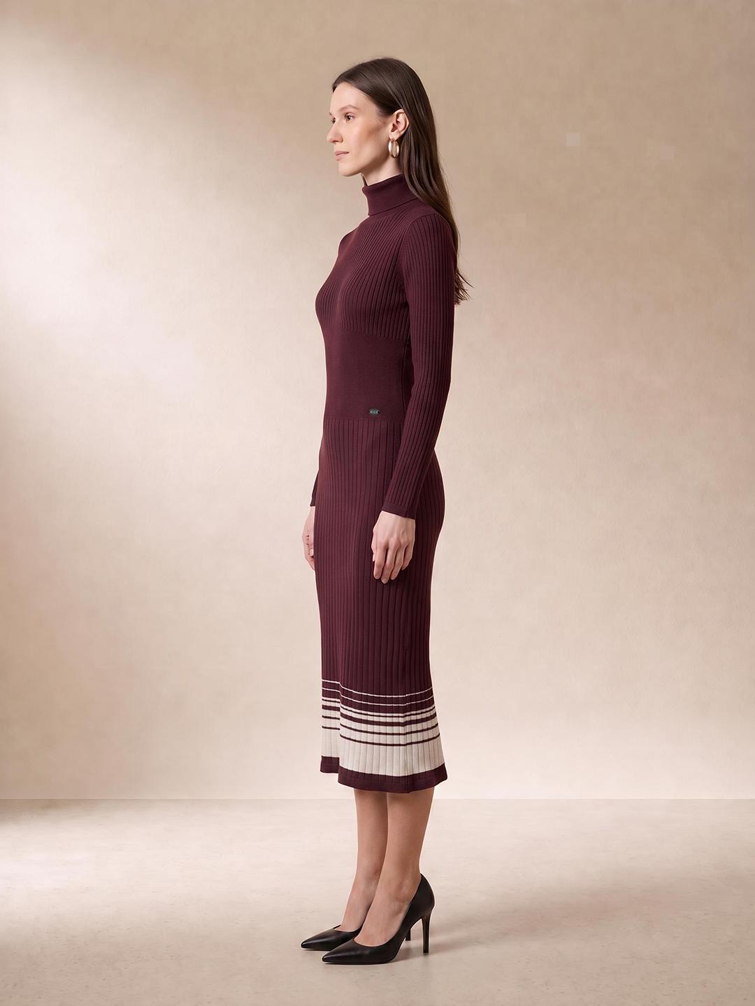 Elle Women Burgundy Striped Pure Cotton Dress