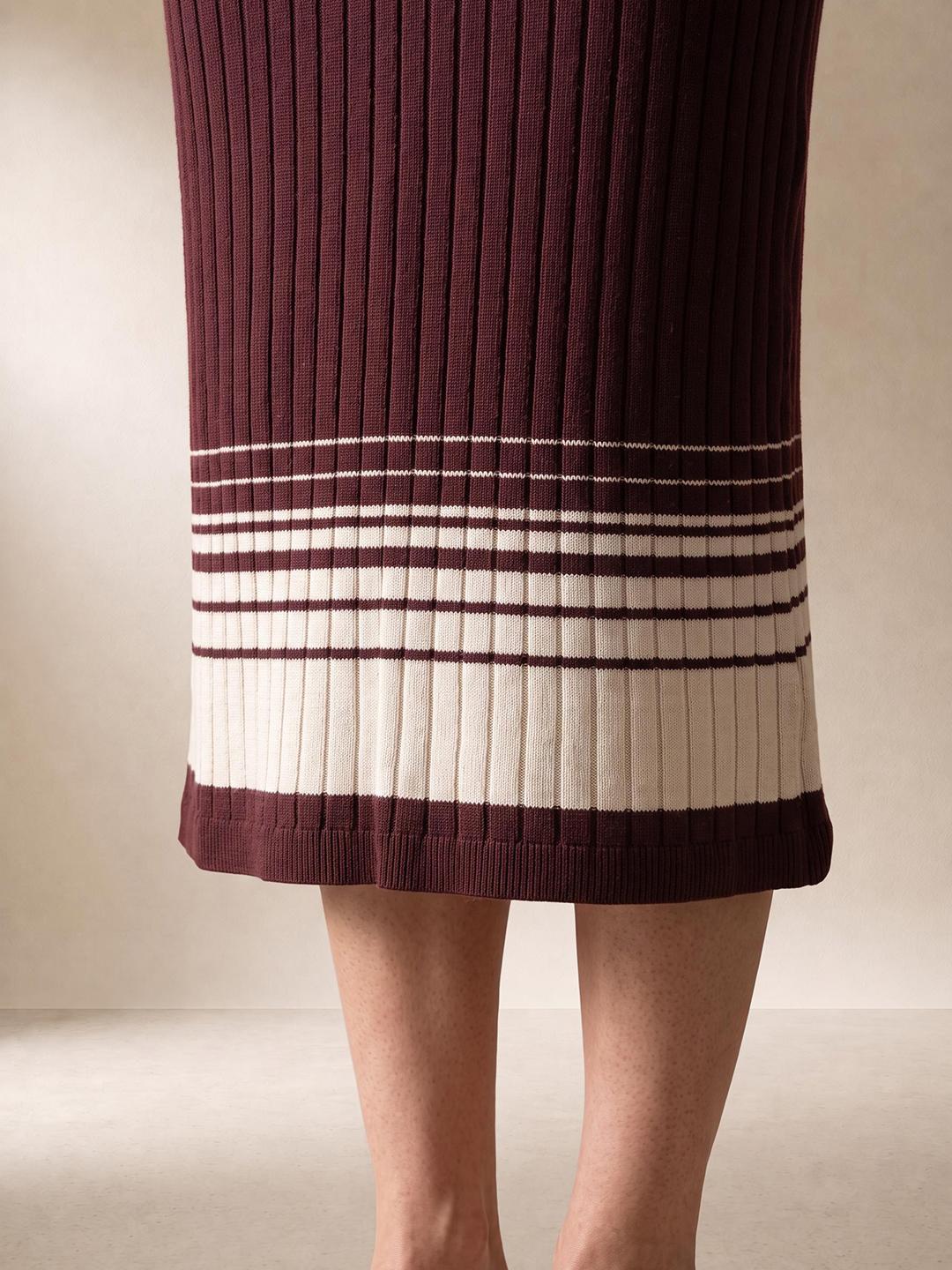 Elle Women Burgundy Striped Pure Cotton Dress