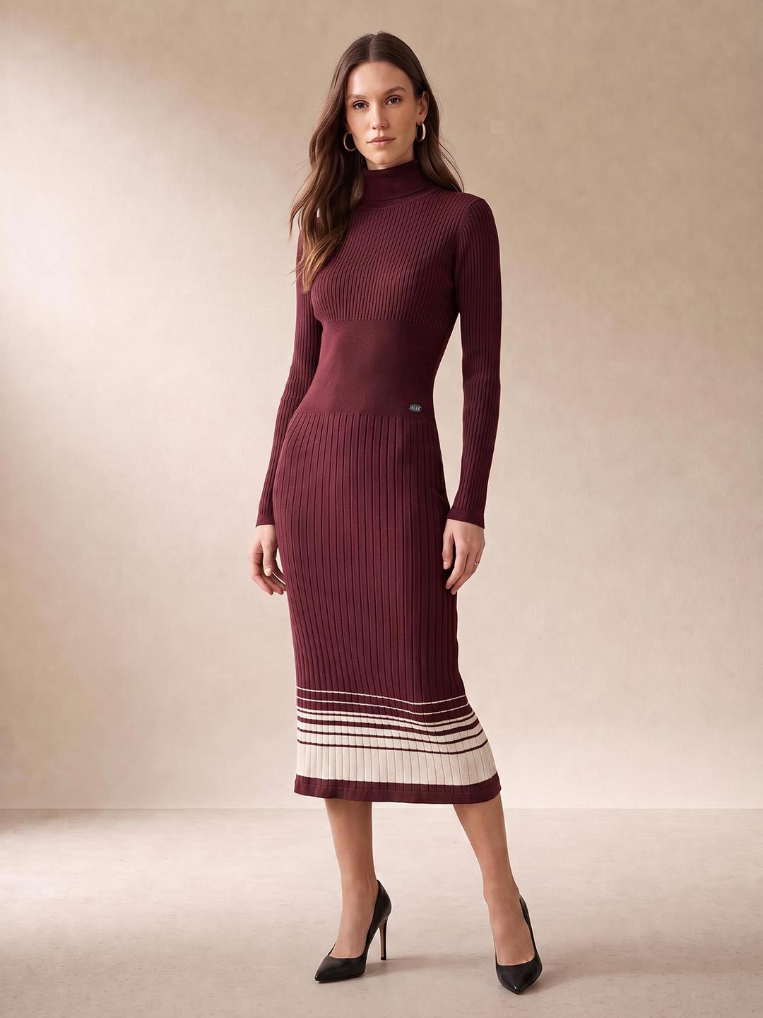 Elle Women Burgundy Striped Pure Cotton Dress